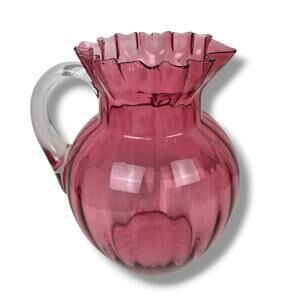 Fenton Cranberry Glass Pitcher Ruffle Edge Vintage Decorative 8.75" Inverted